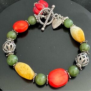 Sterling Silver Coral Jade Bracelet LR 925 - Nephrite Jade & Jadeite Stones